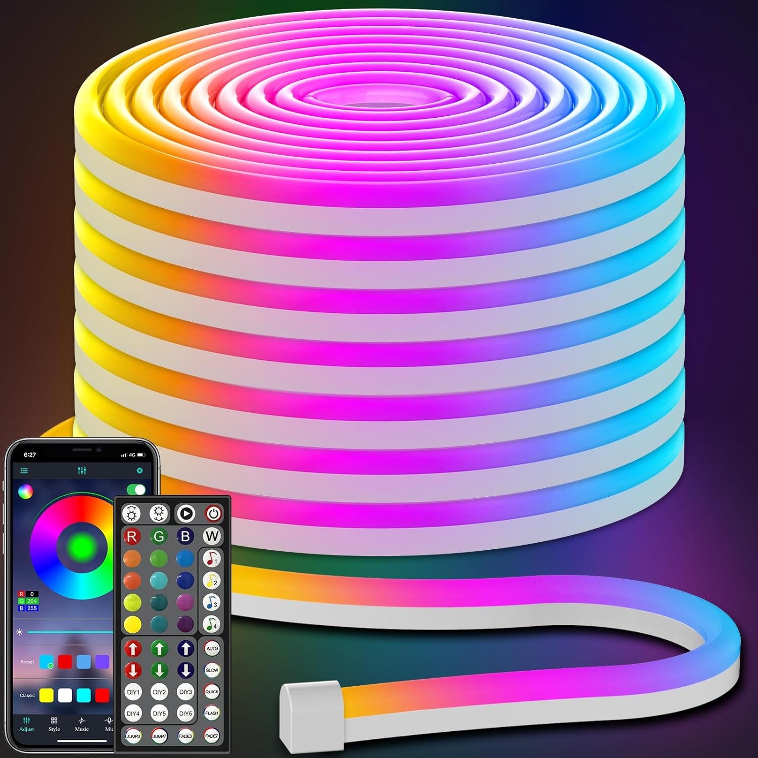 AILBTON 50FT Led Neon Rope Lights Control with App/Remote,Flexible Led Rope Light,Multiple Modes,IP65 Outdoor RGB Lights Waterproof,Music Sync Gaming Led Neon Strip Light for Bedroom Decor