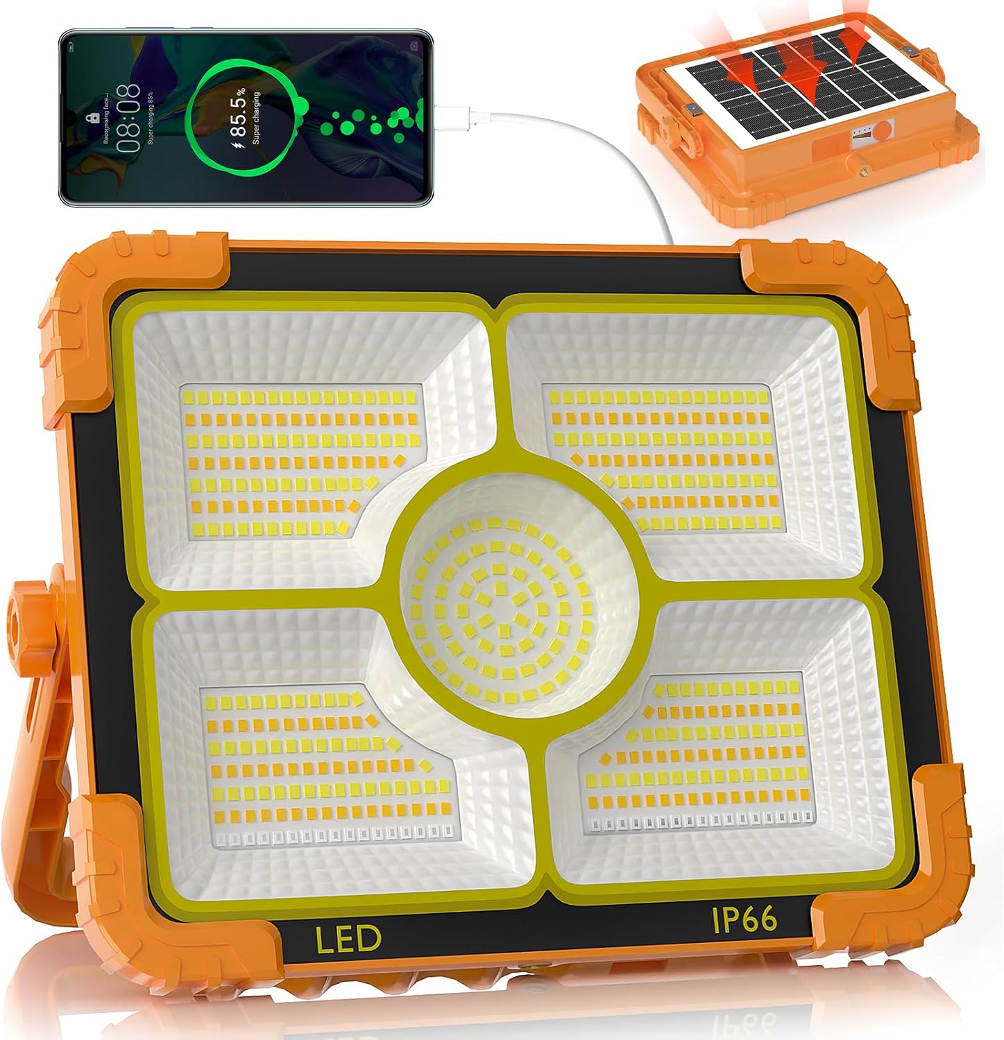 RISEMART Rechargeable Work Light, 466 LED Camping Light 100W Portable Floodlight with Solar Panel, 5 Modes IP66 Waterproof Outdoor Working for Fishing, Hiking, Orange, 22.4x17.8x5.2 cm (LC-588)