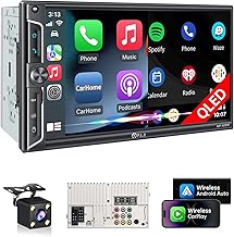 PLZ 7" Wireless Double Din Car Stereo Apple Car Play Radio Carplay Android Auto QLED Touch Screen, Bluetooth 5.3 Audio Receivers, 1080P Backup Camera, 4.2 Channel Outputs 240W, 2 Subwoofer, FM/AM, SWC