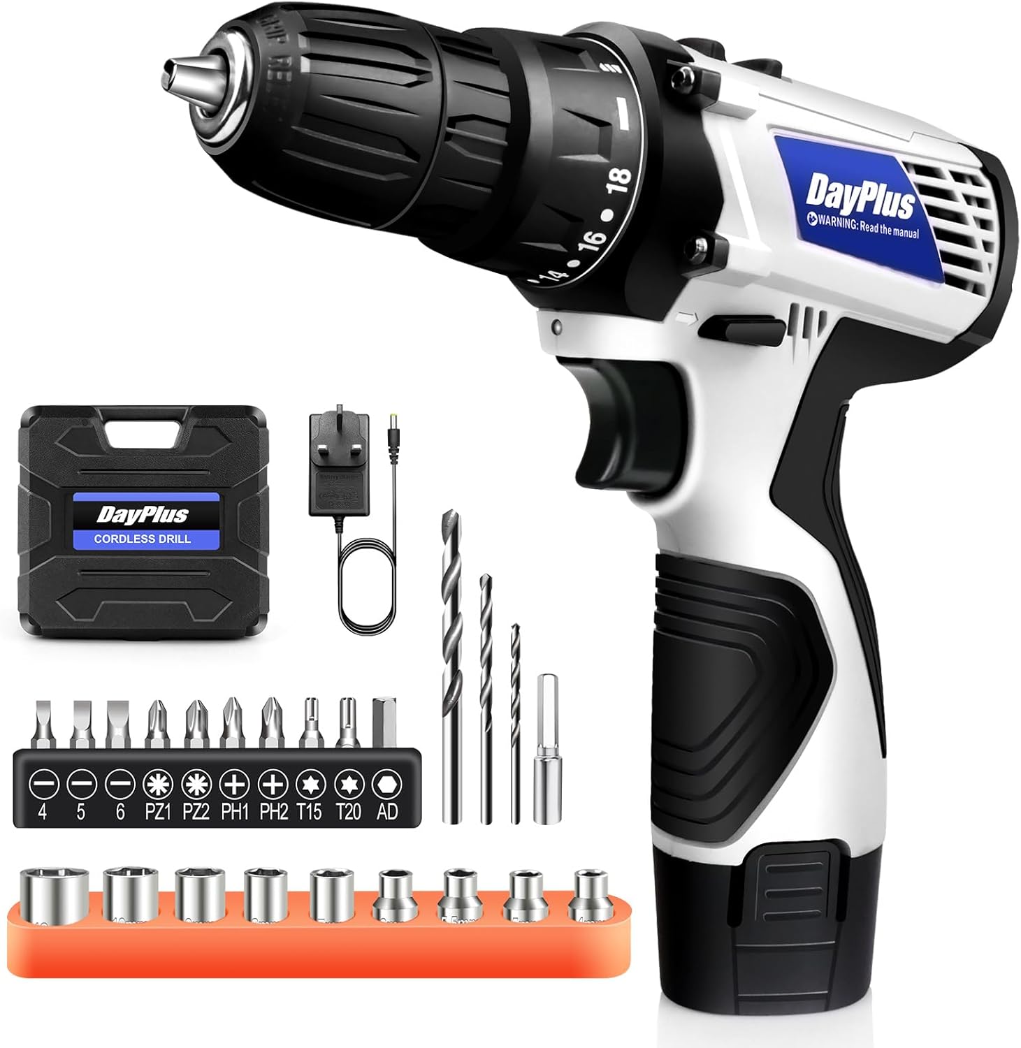 Mini Cordless Drill Driver Kit w/One Battery, 12V Electric Screwdriver Driver Tool Kit with LED Work Light, Max Torque 45 N.m, 3/8 Inch Keyless Chuck, 18+1 Position, Dual Speed 0-400/1400rpm