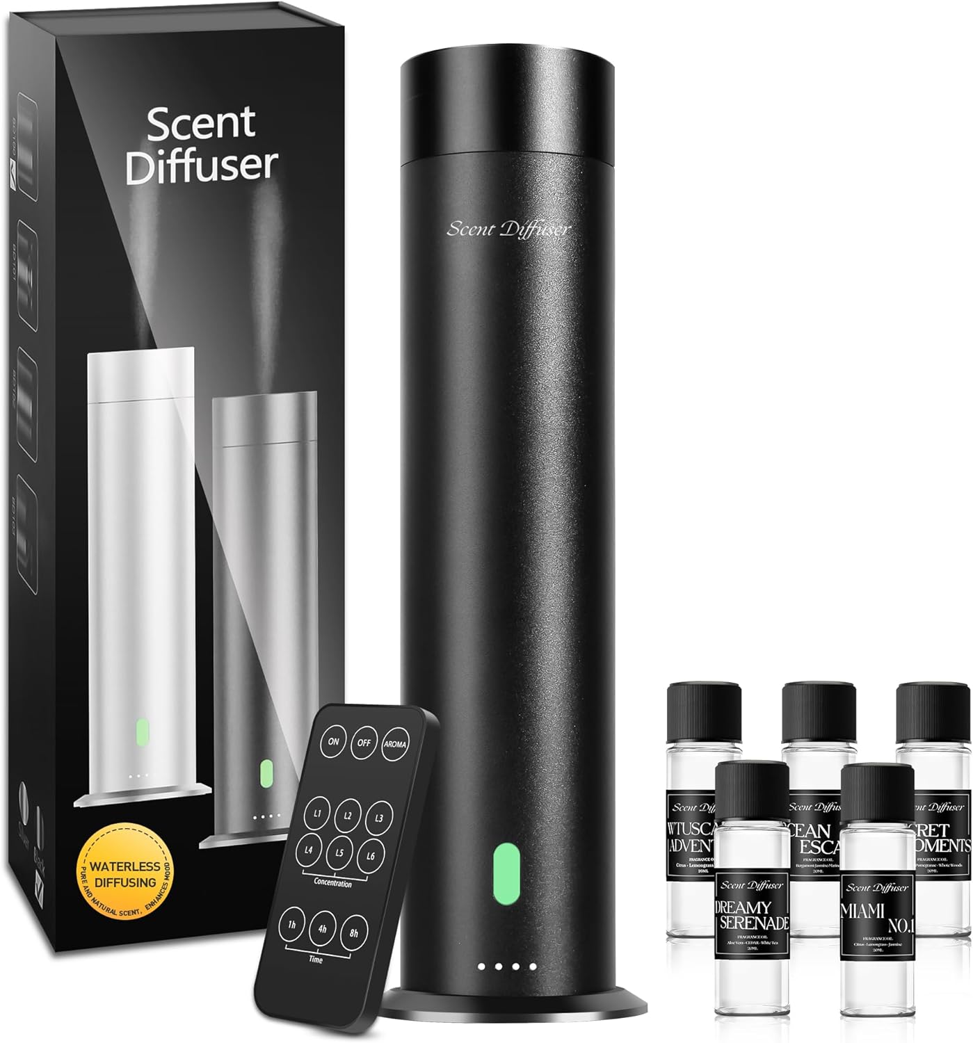 Waterless Scent Diffuser Starter Kit - 800 Sq Ft Coverage, Hotel Scent Diffuser, Essential Oil Diffuser Large Room, Included 5 Scent Oils, Remote Control, Black, 11.20In