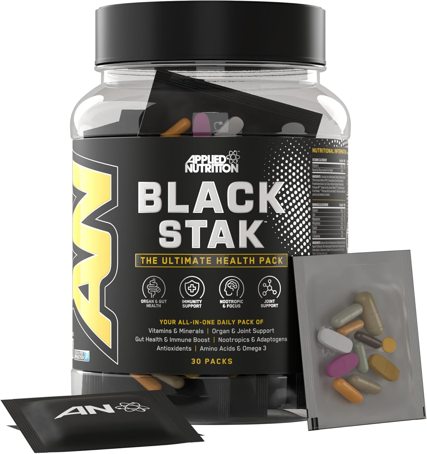 Applied Nutrition Black Stak - Complete Performance Complex - 30 All-in-One Sachets for Health and Immune Support with Multivitamins Antioxidants Aminos Minerals Enzymes and More