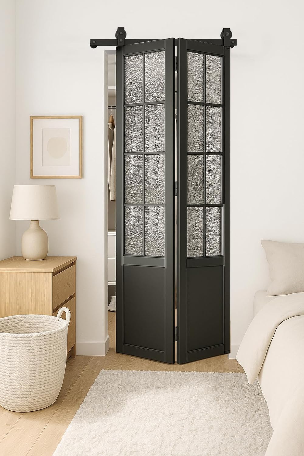 DIYHD 23.5 X 84in Bi-fold Sliding Barn Door, Assembled Black Metal Framed Acrylic Folding Glass Bi Folding Closet Door,(Not Include Bifold Hardware),Fit Bifold Track 37in and 51in