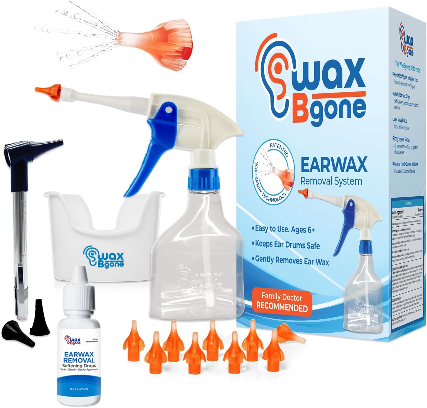 WaxBgone Earwax Removal Kit - Fast, Gentle, and Effective Ear Wax Removal Kit – Dissolve and Remove Earwax at Home - Includes Earwax Softening Drops, 10 SoftSpray Reusable Irrigation Tips, Otoscope