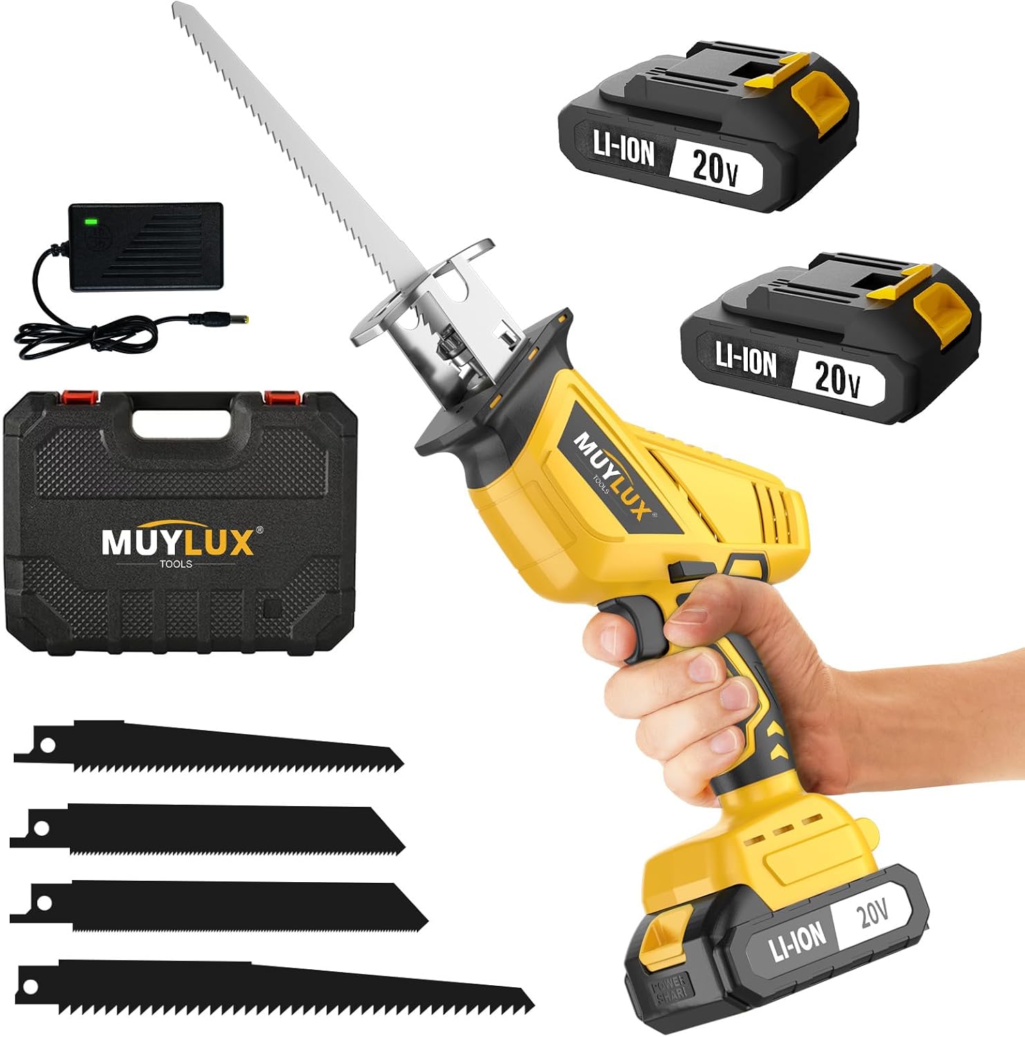 Cordless Reciprocating Saw, Electric Saw with Battery and Charger, 20V Battery Power Saws, 0-3000 SPM Variable Speed, Tool-Free Change, 4 PCS Blades for Wood Metal PVC Pipe Tree Cutting, 2 Batteries