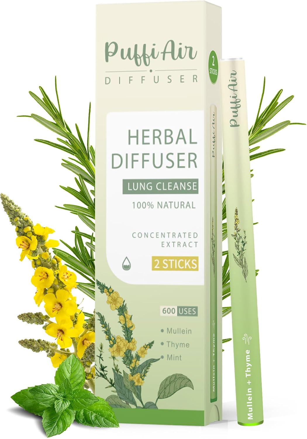 Herbal Diffuser Upgraded with Extracts of Mullein, Thyme and Mint for Cleansing Lungs, Improving Breathing and Oral Air Freshening - 2 Sticks 1Pack