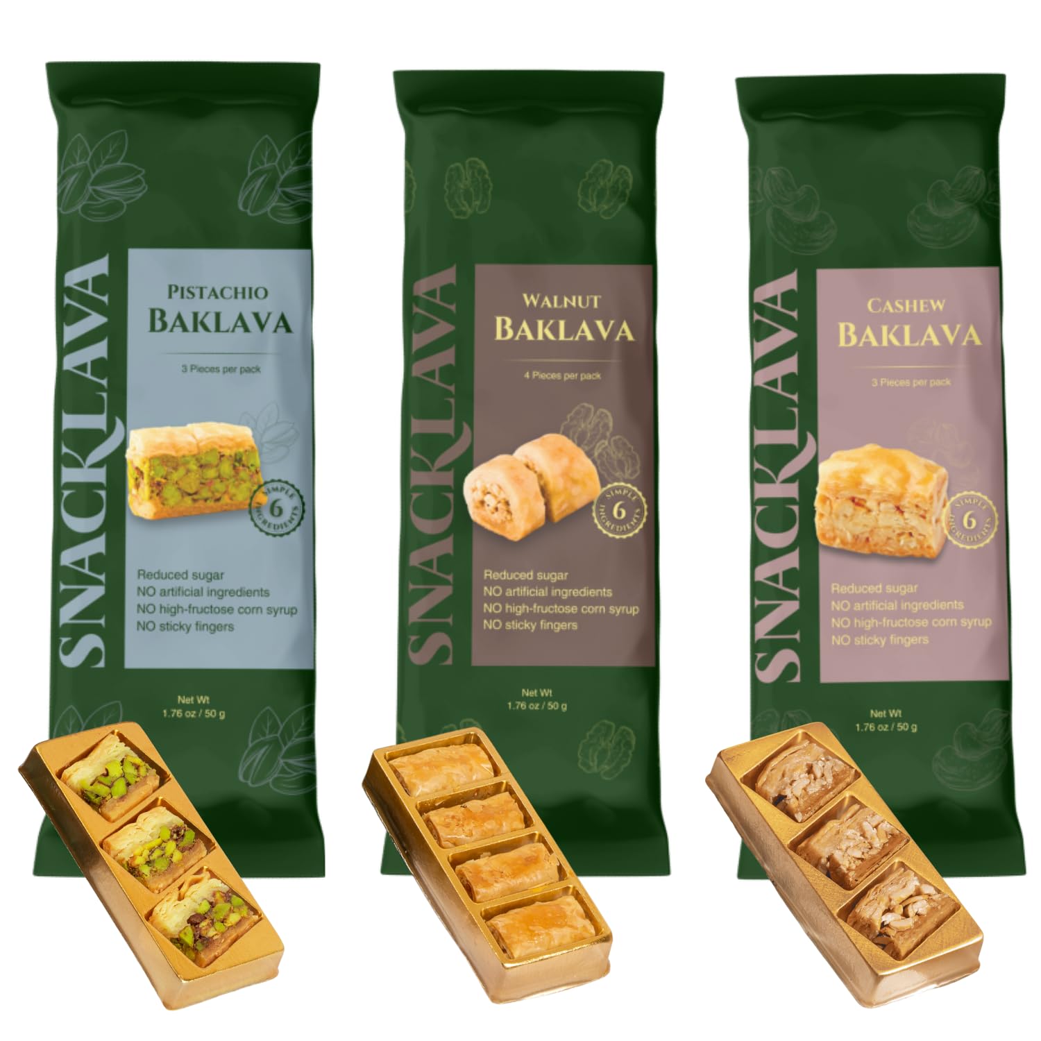 Snacklava Mixed Baklava Bites - 6 Pack - 2 Pistachio (3 Pieces per Pack) 2 Walnut (4 Pieces per Pack) 2 Cashew (3 Pieces per Pack) - No Artificial Ingredients, Colors or Preservatives