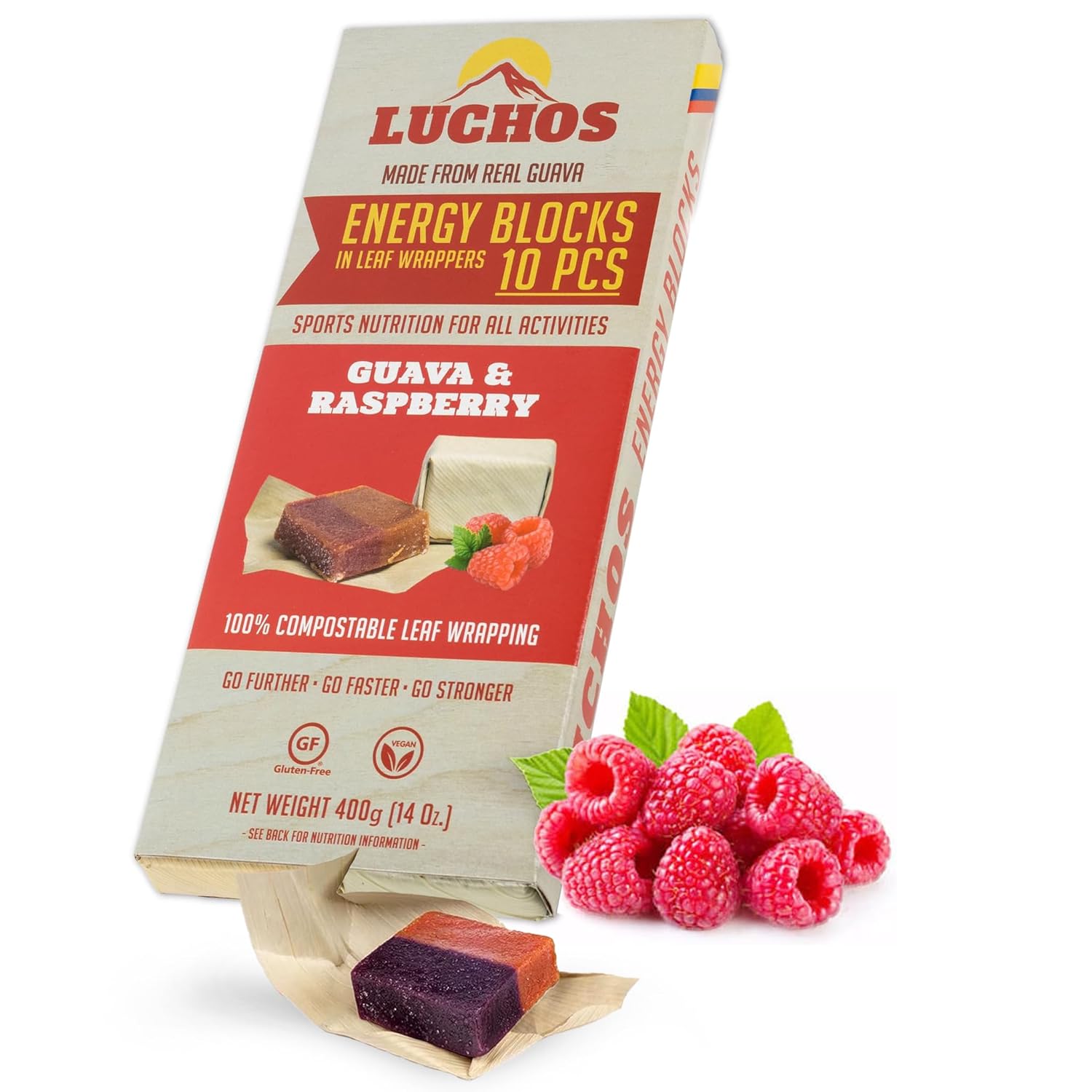 LUCHOS Natural High Energy Bars Power Blocks for Sports, Endurance, Running, Hiking, Cycling, Pre Workout Healthy Snacks, High Carb, Vegan and Gluten Free, Guava and Raspberry, 10 Pieces
