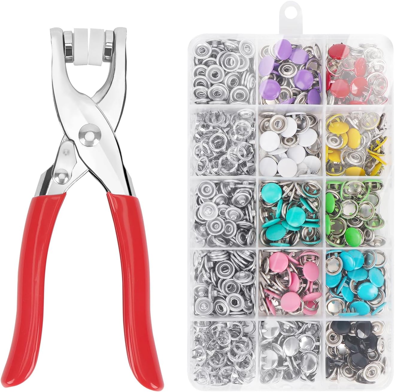 OWill Poppers Fasteners, 200 Set Press Studs Snap Fasteners Kit with Fastener Pliers, 9.5mm 10 Colour Metal Snap Buttons Kit for Fabric Clothes Bag DIY Crafts Supplies