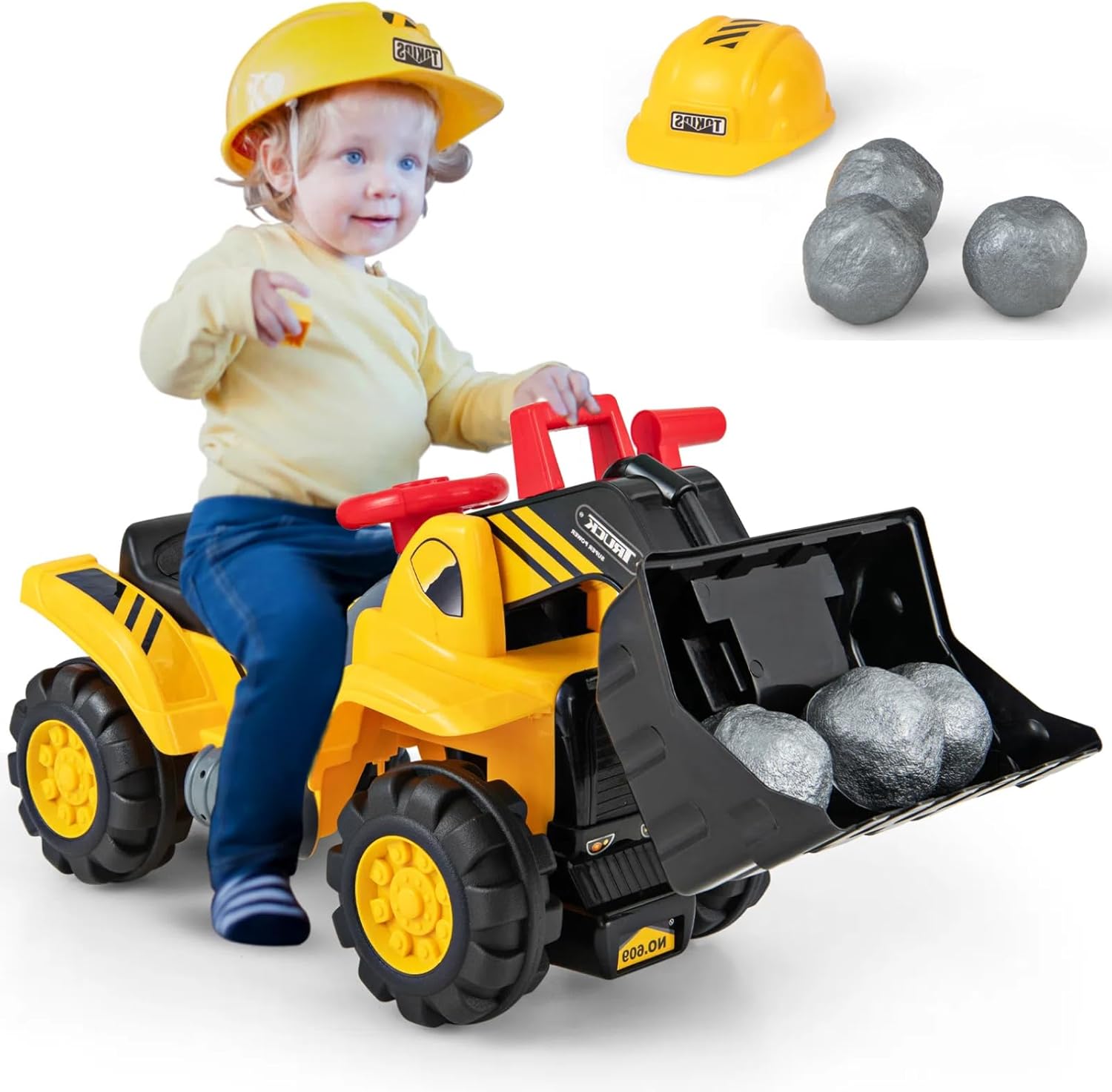 HONEY JOY Ride on Excavator, No Power Ride on Construction Vehicles for Kids, Helmet, 3 Toy Rocks, Adjustable Bucket, Horn, Ride On Loader, Bulldozer Ride on Toy, Gift for Boys Girls