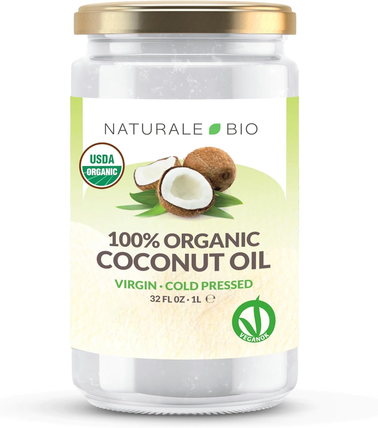 NaturaleBio Organic Virgin Coconut Oil 32 fl oz Raw Cold Pressed for Skin, Hair, Moisturizer, Massage, Body, Hand, Cream, Vegan Butter Alternative, Ideal Lotion, Perfect Care