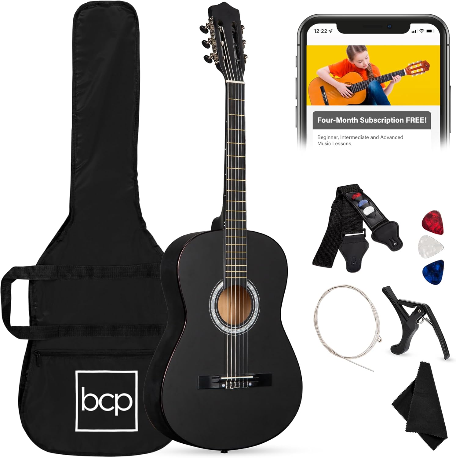 Best Choice Products 38in Beginner All Wood Acoustic Guitar Starter Kit w/Gig Bag, 6 Picks, Nylon Strings, Strap w/Pick Holder - Black