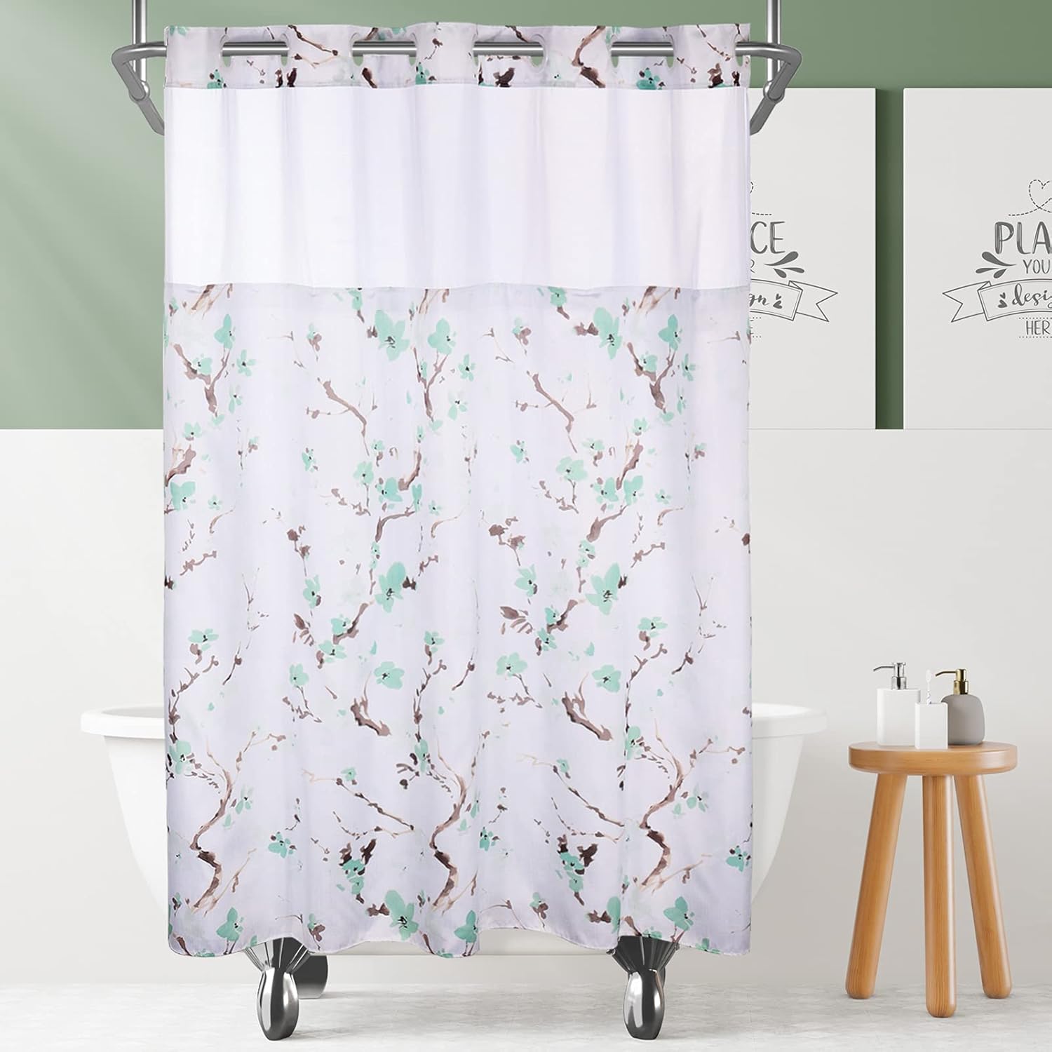 Lagute SnapHook Hook Free Shower Curtain with Snap-in Liner & See Through Top Window | Hotel Grade, Machine Washable | 71Wx74L, Green Blossom