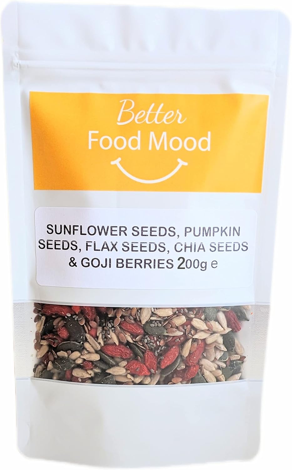 Better Food Mood Flaxseed, Sunflower, Pumpkin, Chia Seeds & Goji Berries Mix 200g | Unsalted Unroasted Sunflower and Pumpkin Seeds for Eating