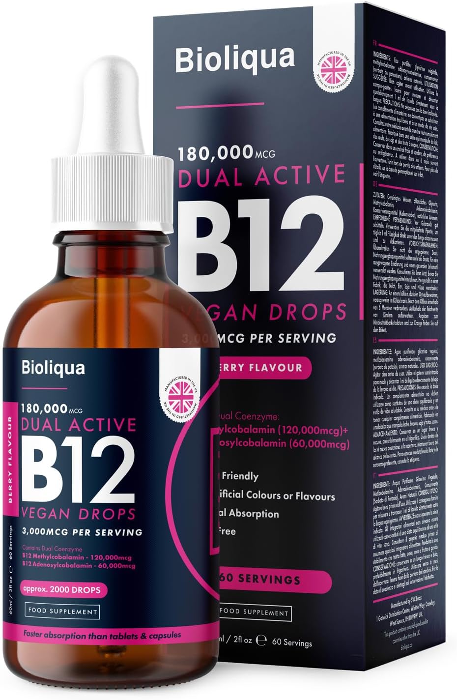 Vitamin B12 Liquid Drops - Vegan - High Strength 3000mcg - 2 Month Supply - 60 Servings - 18,000mcg per 60ml Dropper Bottle - Sublingual & Dual Action for Fast Absorption - Made in The UK by Balance
