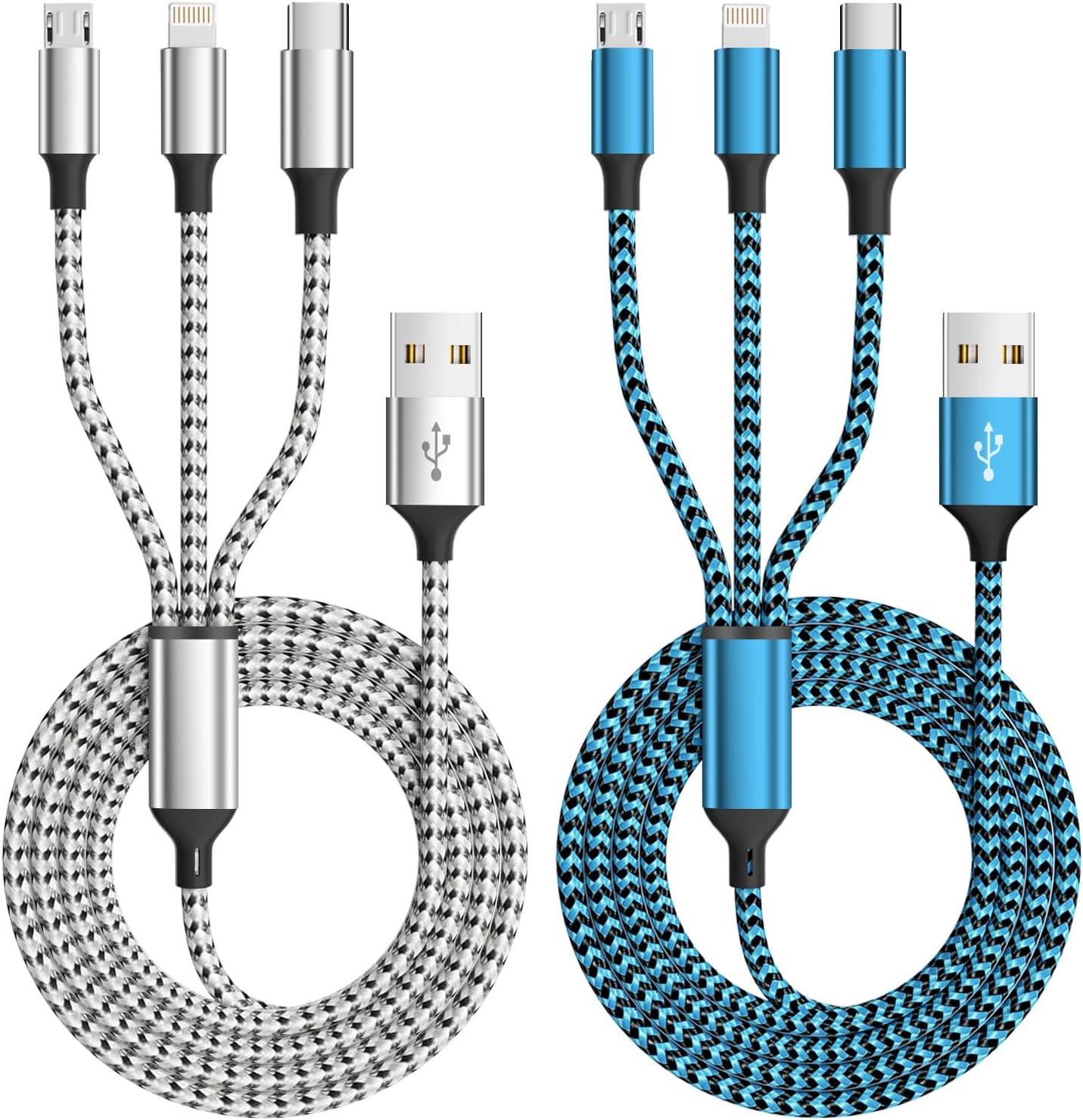 Multi Charging Cable(2Pack 4FT), 3 in 1 Charging Cable Nylon Braided Universal Charger Phone Charger Cord with Type-C,Micro USB,IP Port for iPhone16/15 Series/Phone&Pad-Blue+Gray