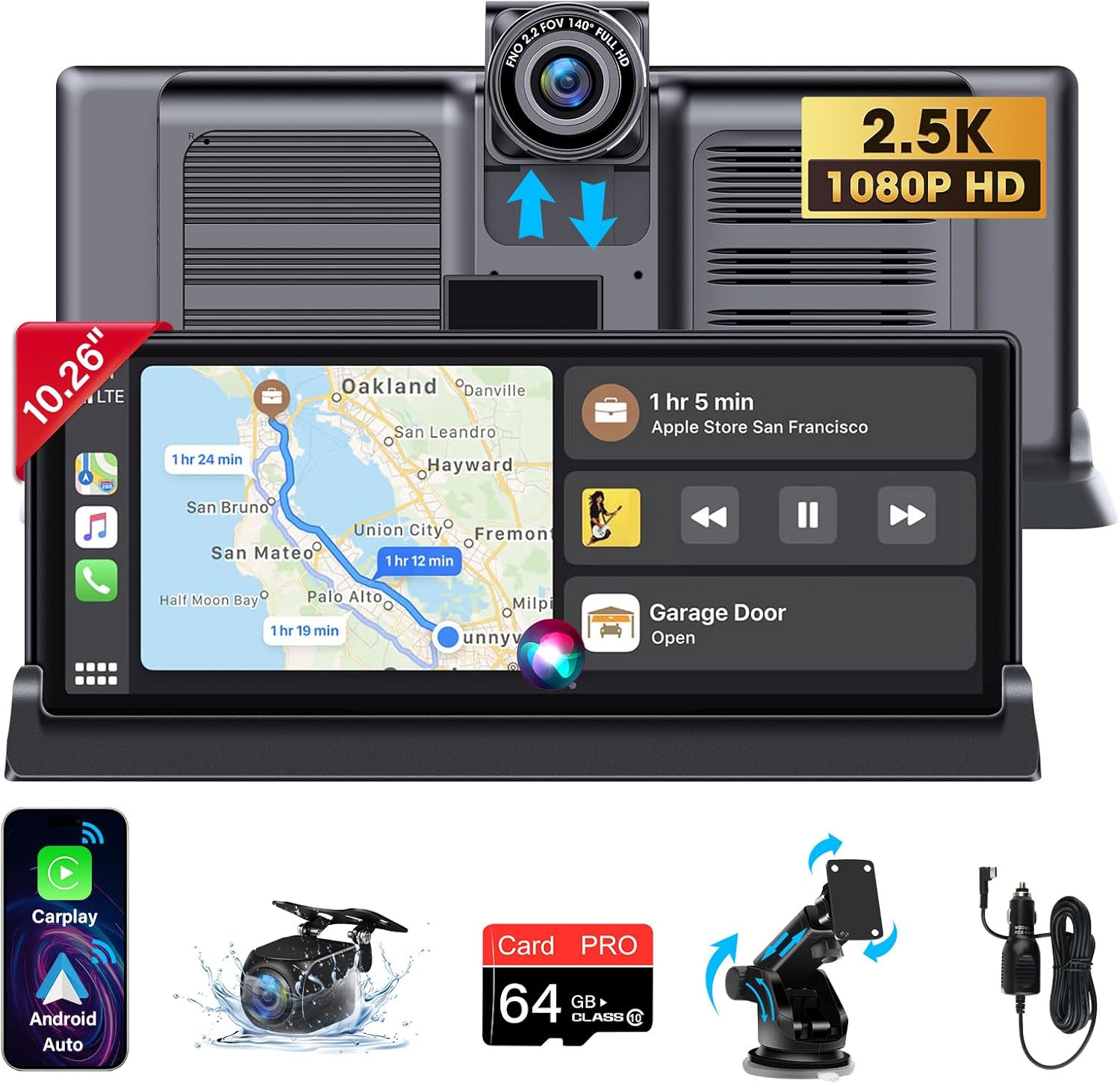 Vtopek Apple Carplay Screen 10.26 inch Wireless Car Play Android Auto Car Screen 2.5K Dash Cam Dual Camera Dual Bluetooth Mirror Link Voice Control Map Navigation with Waterproof Rear Camera 64G Card