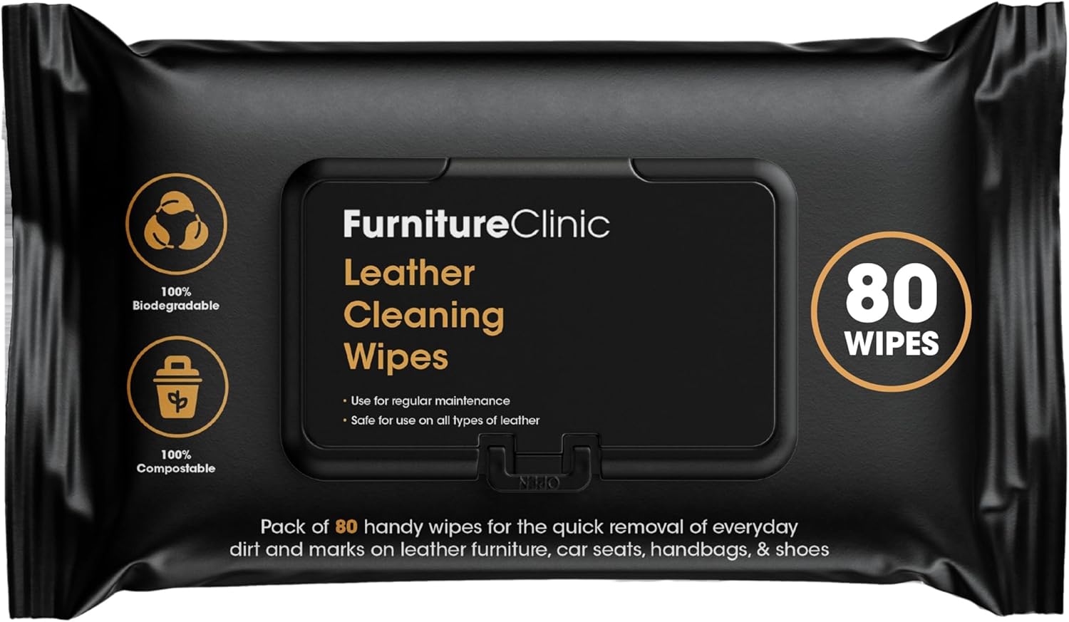 Furniture Clinic Leather Wipes for Cleaning Leather & Vinyl Upholstery, Sofa, Handbags, Car Interior, Seat & Dashboard - Furniture & Jacket Cleaner - Residue & Streak Free Wipe - 80 Wipes
