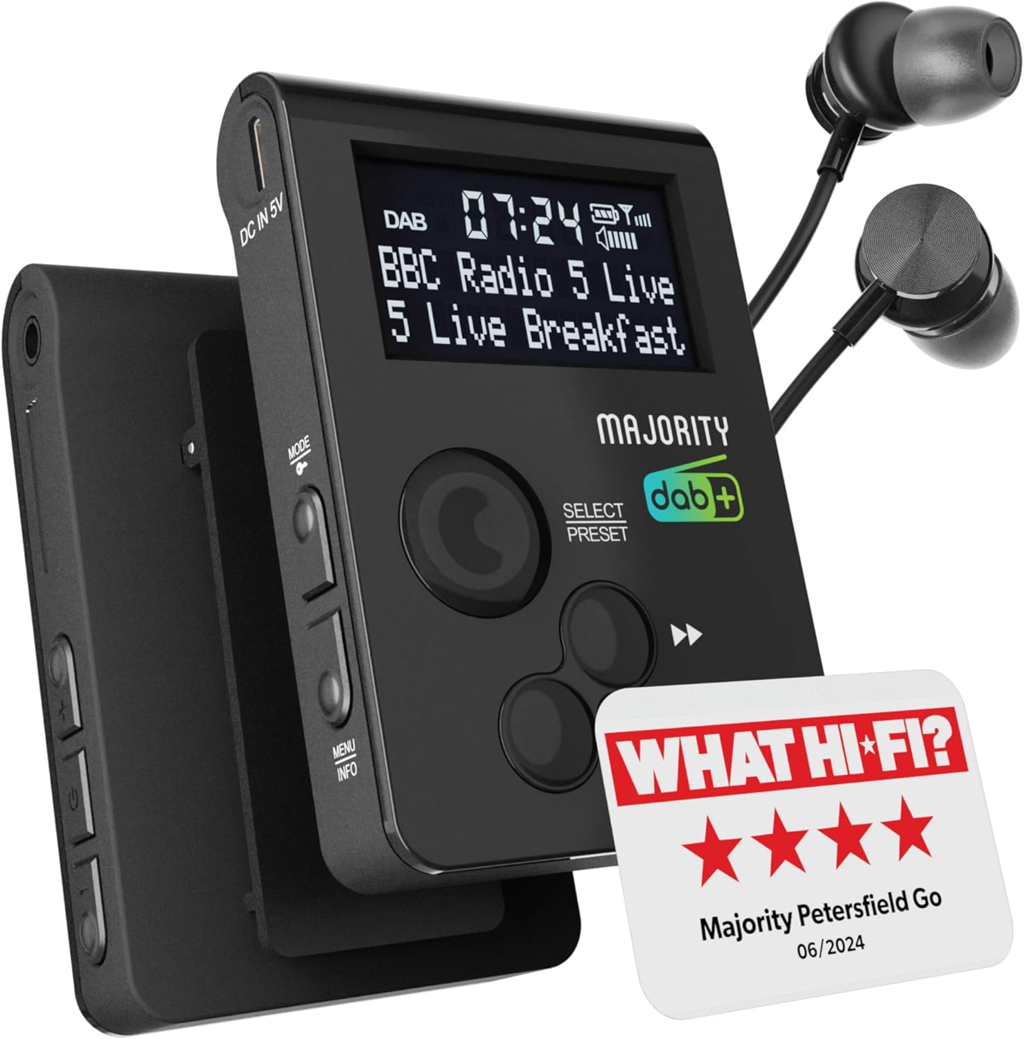 Pocket Portable DAB Radio | Personal FM Radio with Sports Clip and Lockable Buttons | Rechargeable 12 Hour Battery & Internal Aerial | USB Charging & Earphones Included | MAJORITY Petersfield Go