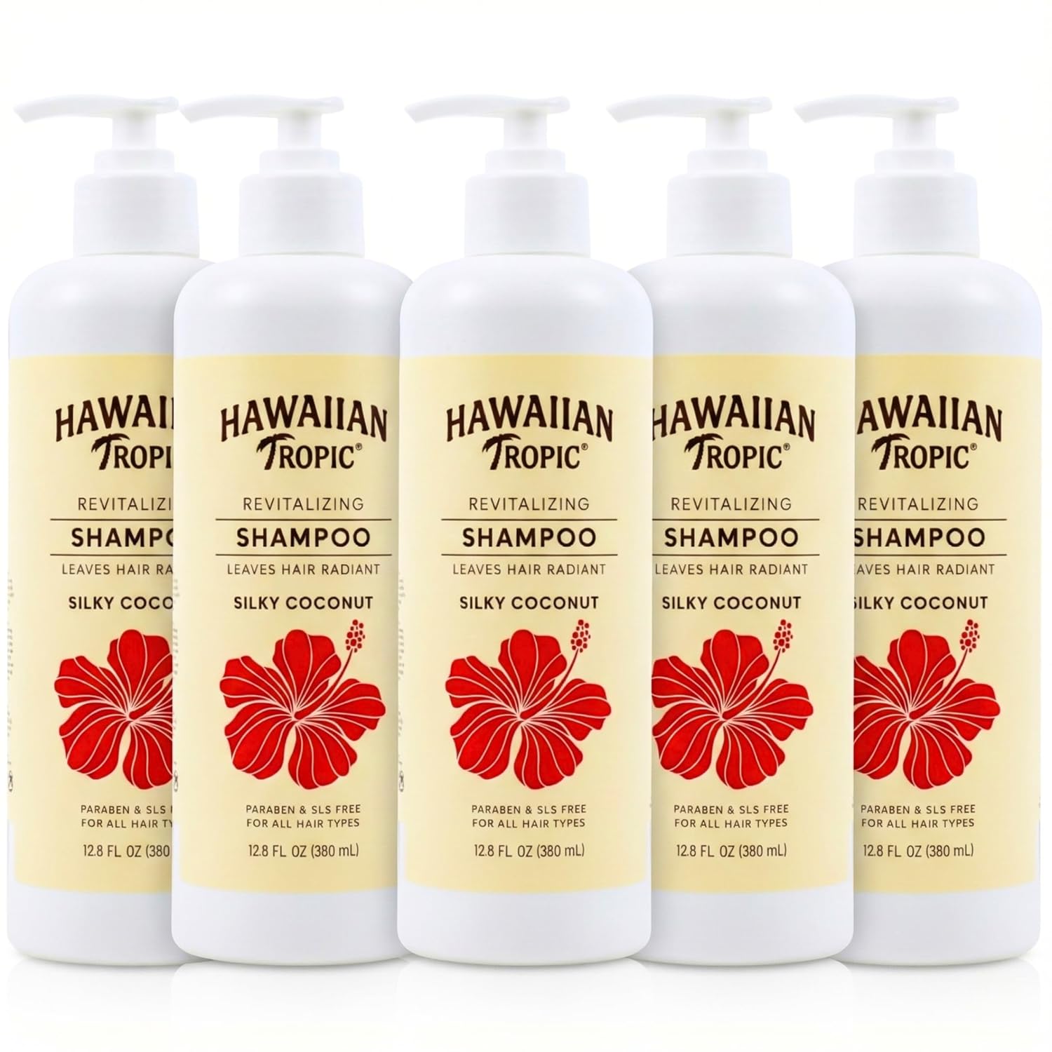 Hawaiian Tropic Silky Coconut Shampoo (5 Pack) Bulk Hotel Amenities - 380ml Bottles (64 fl oz Total) - SLS Free Toiletries for Airbnb Hosts, Guest Bathrooms & Vacation Rentals