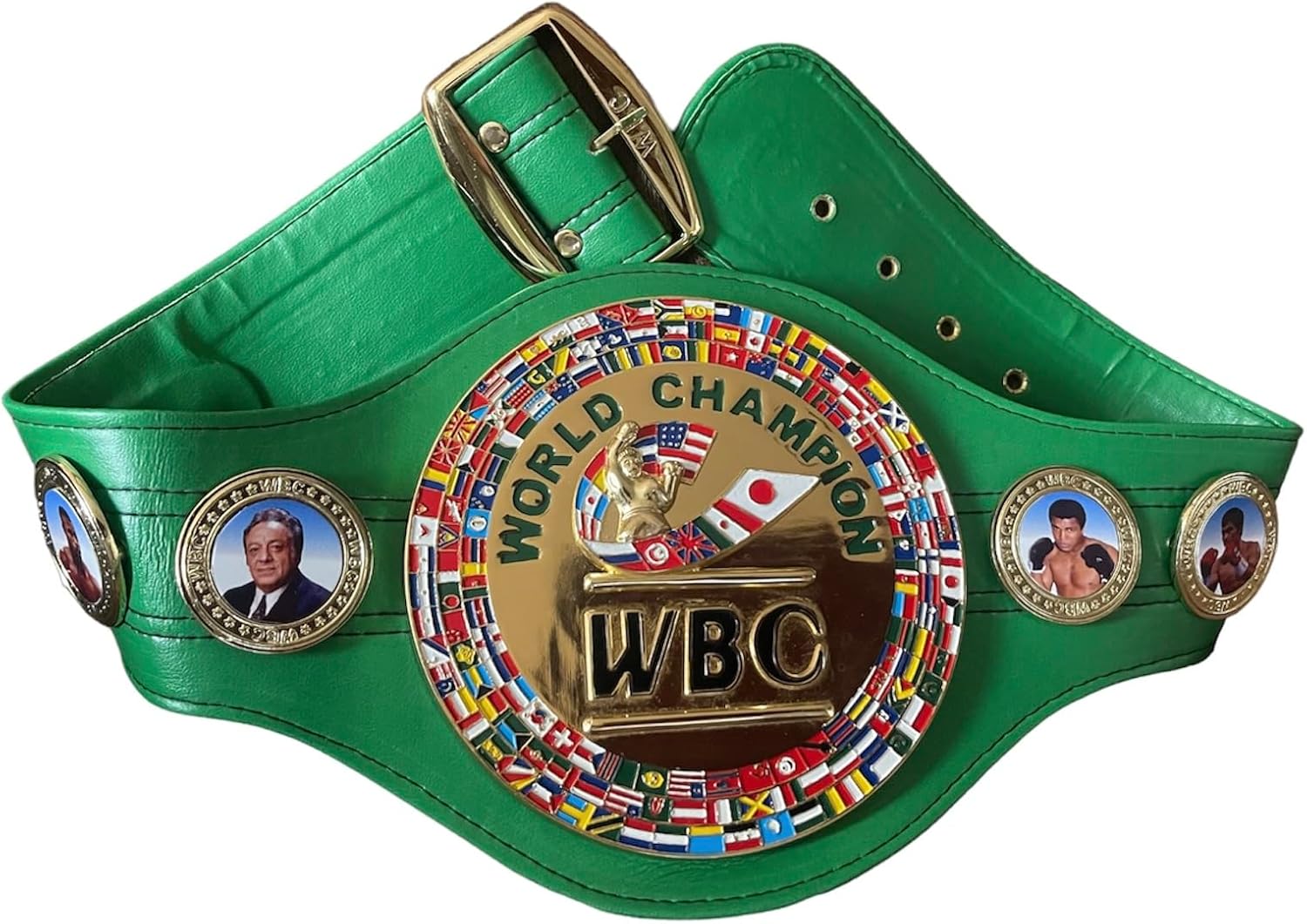 WBC Boxing Champion belt for Adults – Green Leather World Champion Title Belt with Gold Plates and Flag Details – Adjustable Boxing Award Belt for Men, Women & Collectors