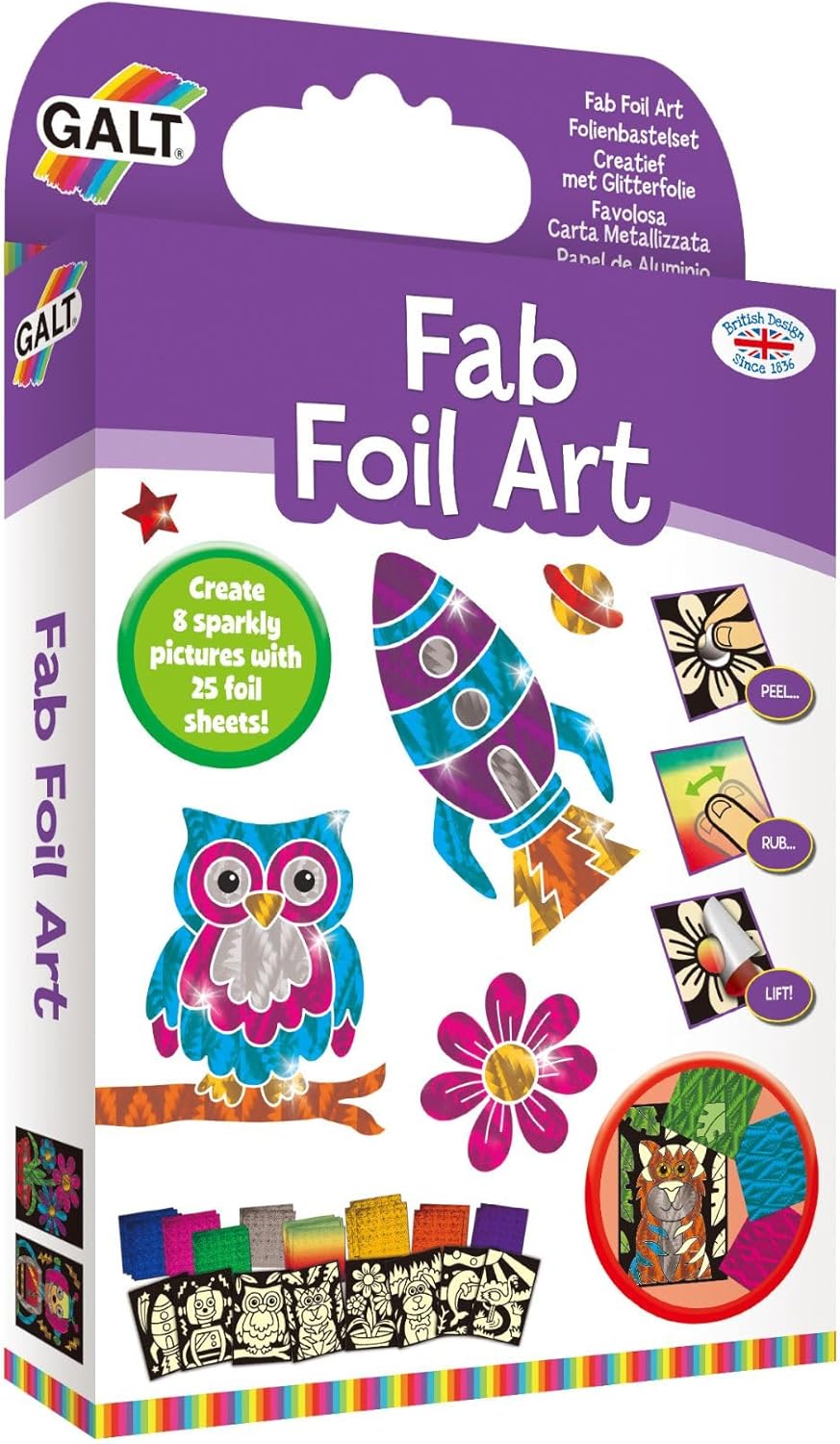 Galt Fab Foil Art - Creative Craft Kits for Kids and Childrens Fun Foil Art Activity Set for Girls and Boys - Includes Guide Book, 25 Colourful Foil Sheets and 8 Sparkly Pictures - Age 6 Years Plus