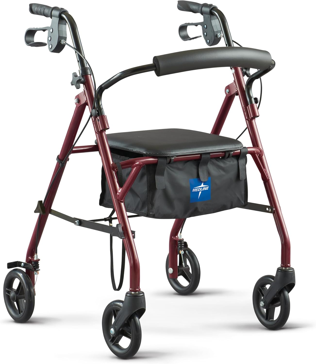 Medline Steel Rollator Walker with Seat, Burgundy, 350 lb. Weight Capacity, 6” Wheels, Foldable, Adjustable Handles, Rolling Walker for Seniors, Walker for Mobility Impaired