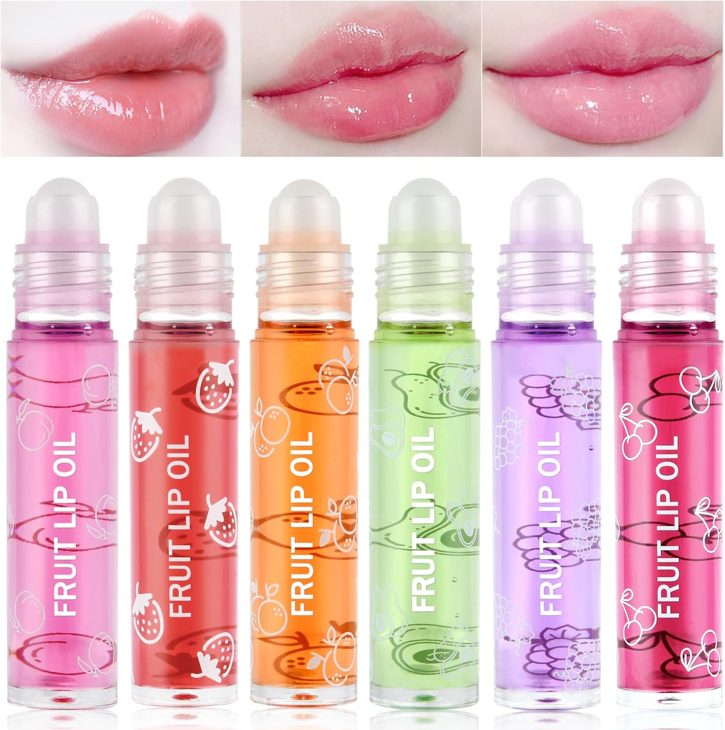 AOOWU 6 Pcs Hydrating Lip Oil Set, Fruit-Flavored Plumping Lip Oil, Long Lasting Lip Glow Balm Lip Care, Transparent Moisturizing No-Sticky Lip Gloss(Peaches,Orange,Avocado,Strawberry,Grape,Cherry)8ML