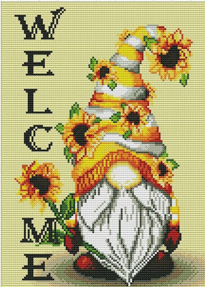 Gofission 11ct Stamped Cross Stitch Kits for Adults Beginners, Gnome and Sunflower DIY Pre Printed Cross Stitch Embroidery Set with Accessories Wall Decor 30x40cm (Welcome)