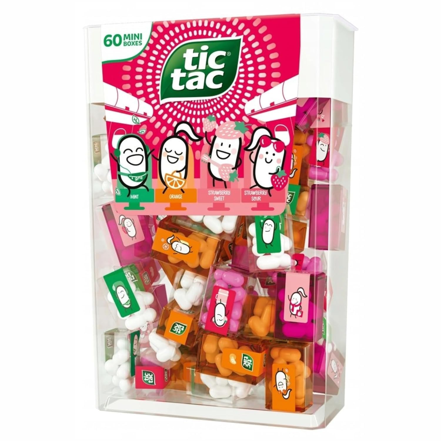 Tic Tacs Travels mini packs - individual packets - Flavoured drops - mint - orange - strawberry sweet - strawberry sour - Spender Box with 60 Mini Boxes - bulk candy - mini Tic Tacs with GREAT TASTEA