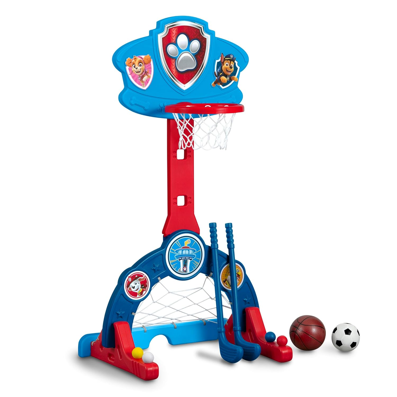 Delta Children PAW Patrol 4-in-1 Sports Center – Adjustable Easy Score Basketball Hoop, Soccer/Hockey Net and Golf Game, Blue