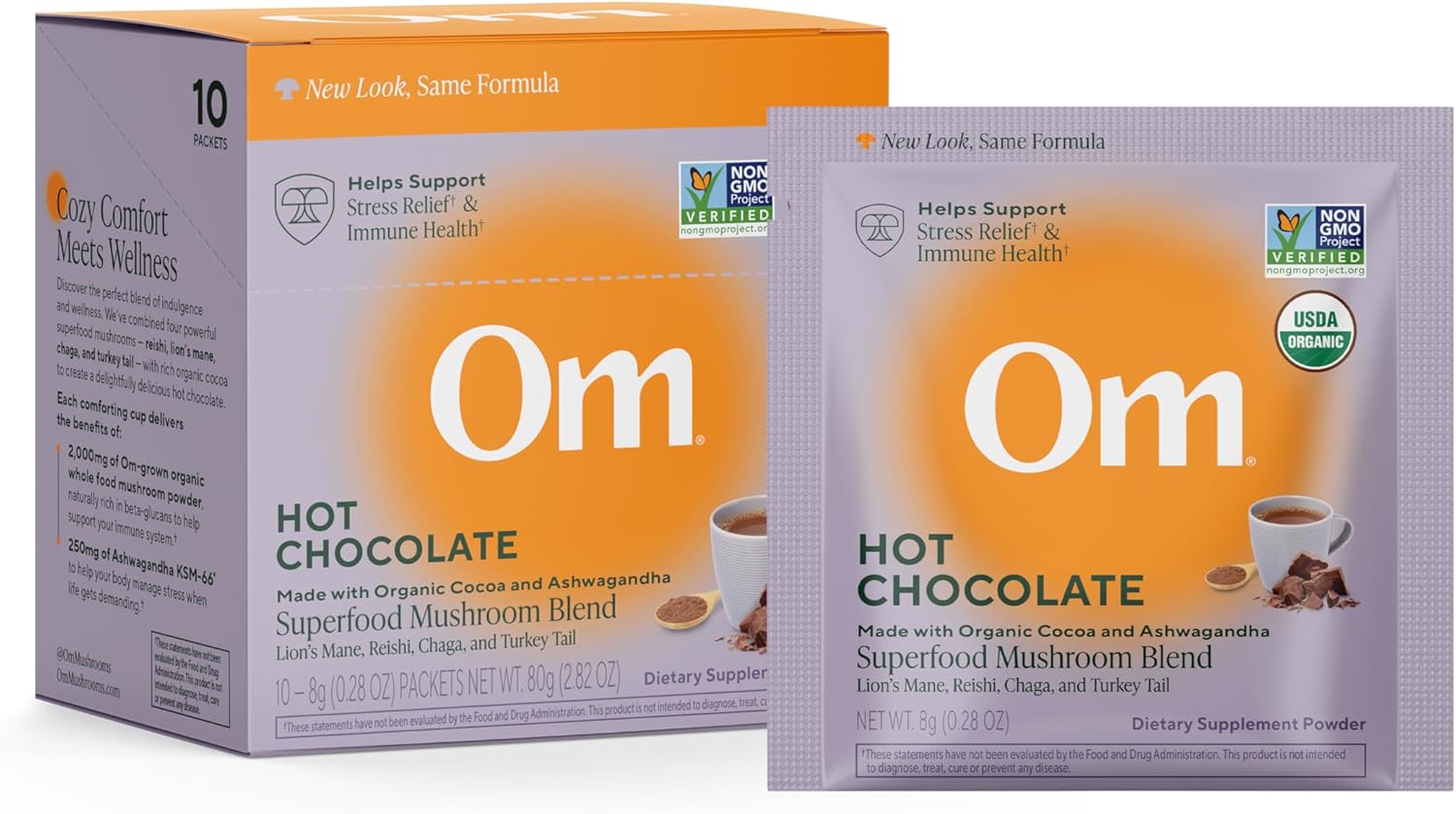 OM MUSHROOM SUPERFOOD Hot Chocolate Blend – Dutch Cocoa Mushroom Powder with Lion’s Mane, Reishi, Chaga & Turkey Tail – Focus, Calm & Stress Support – 2g Sugar, 25 Calories – Single Serve (10 Count)