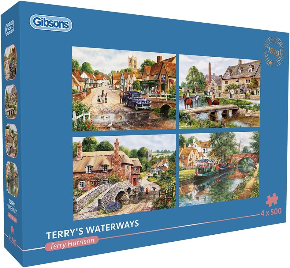 Gibsons Terry's Waterways 4 x 500 Piece Jigsaw Puzzle Multi-Box Set of 4 Nostalgic Traditional Jigsaw Puzzles Sustainable Puzzle for Adults Teens Premium 100% Recycled Board Great Gift Gibsons Games
