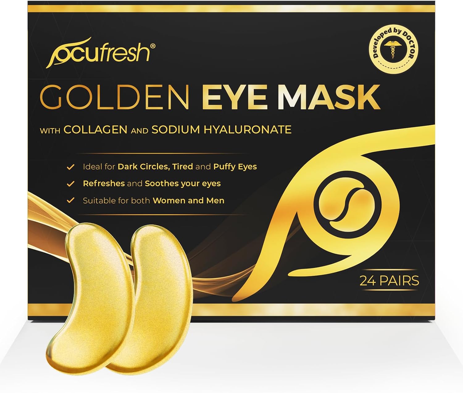 [24 Pair] Golden Eye Mask with Collagen & Hyaluronic Acid - Under Eye Patches for Dark Circles, Puffy Eyes, Wrinkles, and Hydration - Rejuvenating Eye Treatment for Bright, Smooth, and Youthful Skin