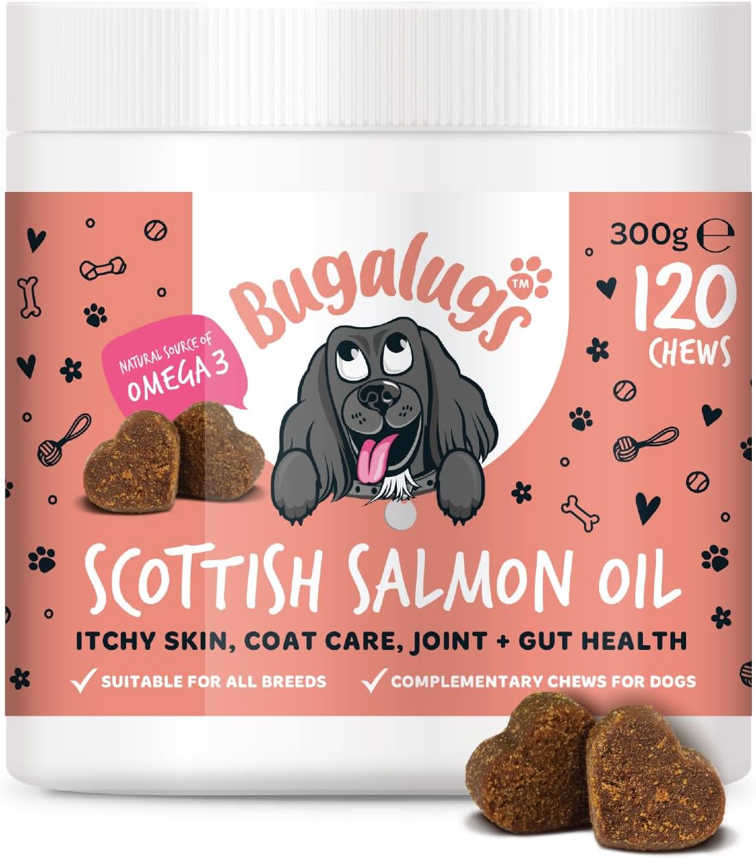Bugalugs Scottish Salmon Oil Chews For Dogs, Dog Supplement Supports Skin And Coat, Dog Itchy Skin & A Moulting, Omega 3 Fish Oil (120 Chews, Salmon)