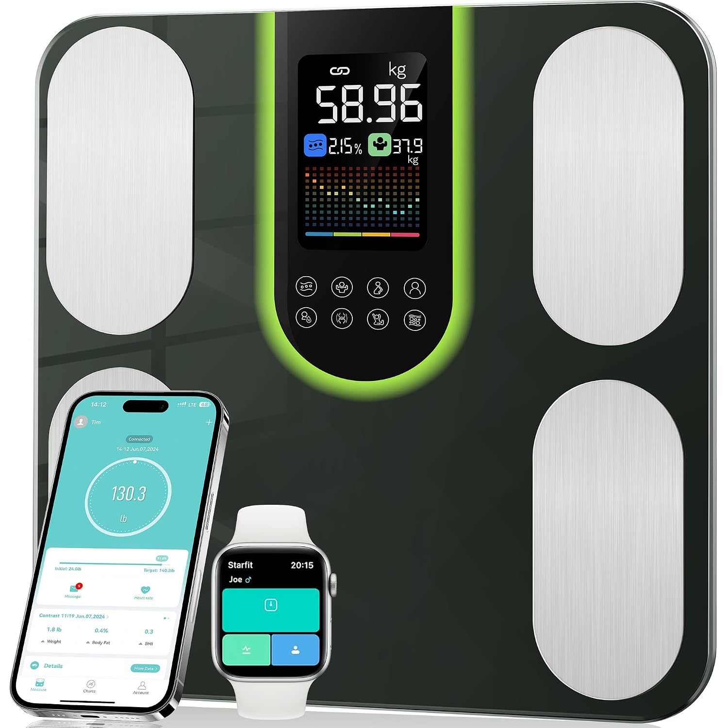 Body Fat Scales,Smart Scales for Body Weight & Fat,20 Body Composition with 4-Electrode,Digital Weighing Scales with App to Measures BMI,Muscle Mass,Visceral Fat,Hydration Level-Bathroom Scales 180kg