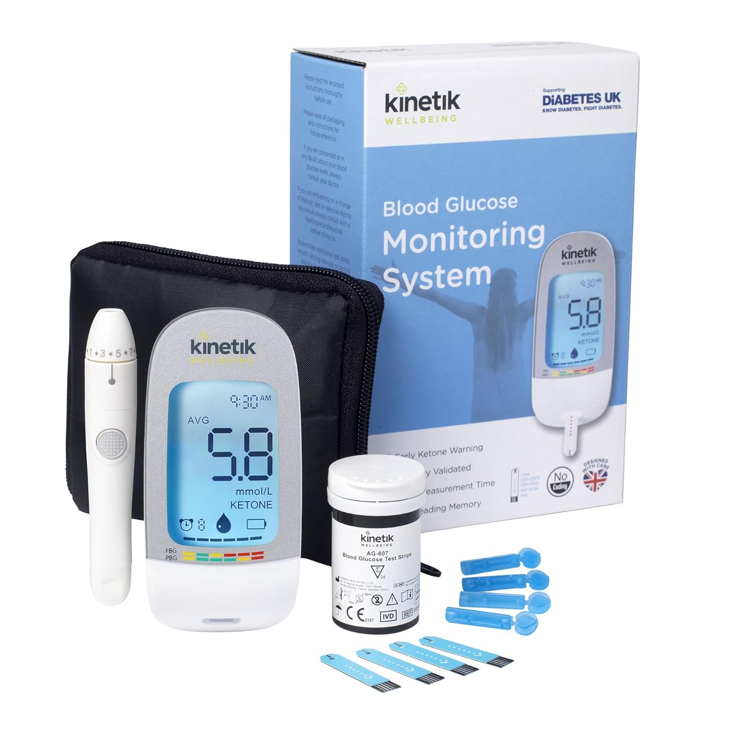 Kinetik Wellbeing Blood Sugar Monitor - Glucometer Kit for Diabetic Home Testing Used by the NHS, Blood Glucose Meter for Precise Sugar Level Monitoring, Supporting Diabetes UK