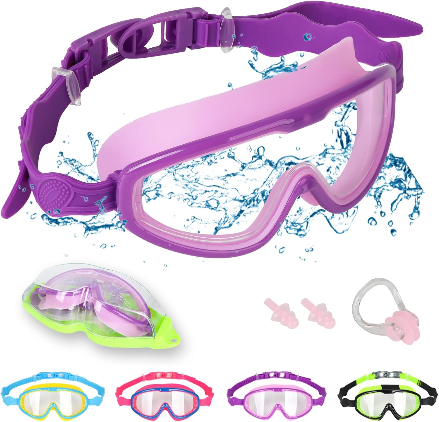 Jodsen Kids Swimming Googles, Anti-Fog Kids Googles UV Protection Boys, Girls Goggles 180° Panoramic HD Child Swimming Googles Adjust for Age 5-12 with Nose Clip, Earplugs, Portable Case