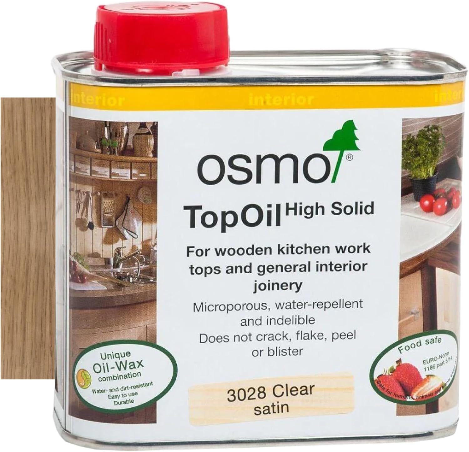 Osmo TopOil - High Solid Worktop Oil 3028, Clear Satin, 500ml - Food Safe Wood Oil for Wooden Kitchen Surfaces, Chopping Boards, & Furniture Joints - Water-Resistant Wood Treatment & Durable Finish