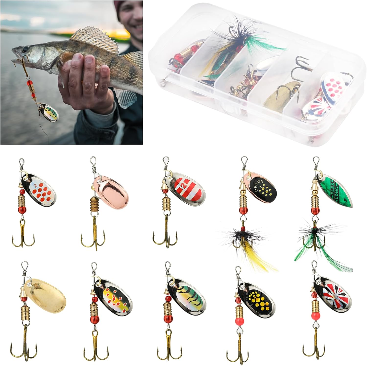 10Pcs Fishing Lures Set, Spinner Bait Set, Multi-Coloured Metal Fishing Lures with Rotating Spinners and Treble Hooks, Fish Lure Kit for Trout Pike Bass Salmon Freshwater and Saltwater Use