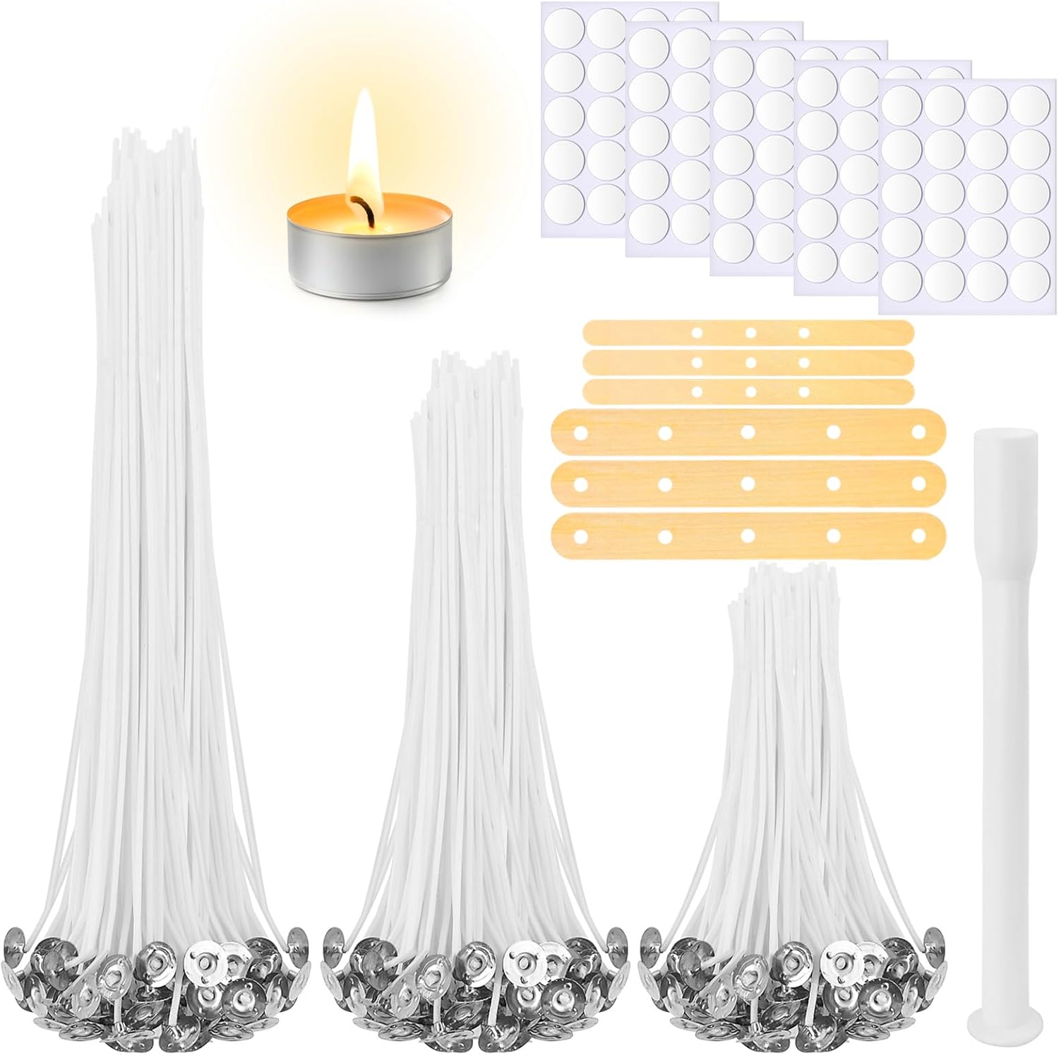 150 Pcs Candle Wicks for Candle Making, 100 Pcs Candle Wick Stickers, 6 Pcs Wooden Candle Wick Centering Device, Pre Waxed Cotton Wick with Metal Sustainer Tabs for Candle Making, 4in, 6in, 8in
