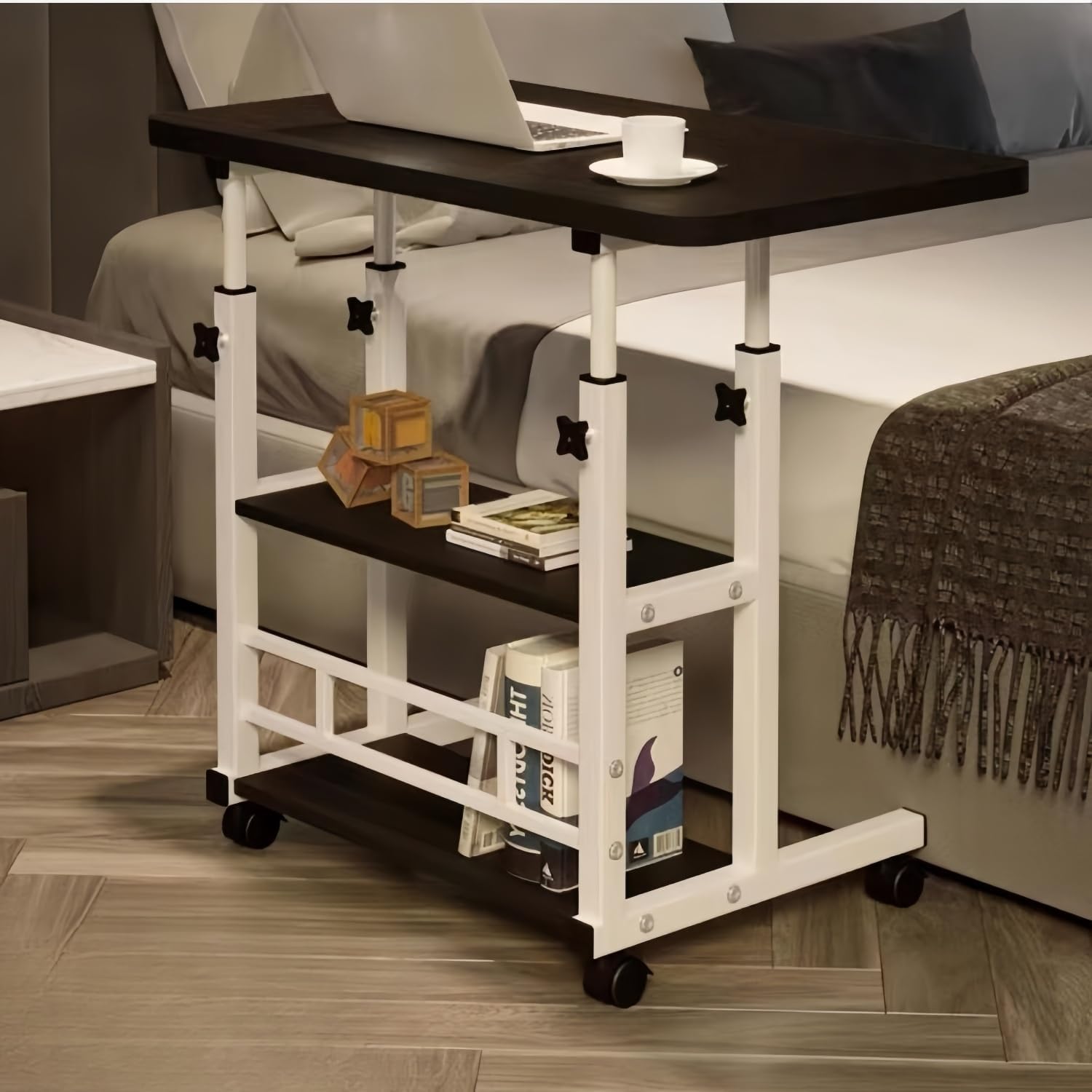 3 Tier Computer Desk, Height Adjustable, Portable Mobile Office Desk with Wheels, Laptop Table Study Desk, Desktop Workstation, Work Table, Home Office Furniture, 60 x 37 x 60-90cm, Black