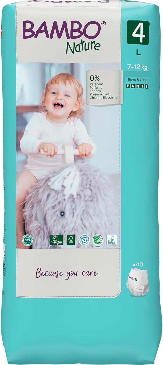 Bambo Nature Premium Eco Nappy Pull-Up Pants, Maxi Size 4 (15-26lbs/7-12kg) Tall Pack of 40