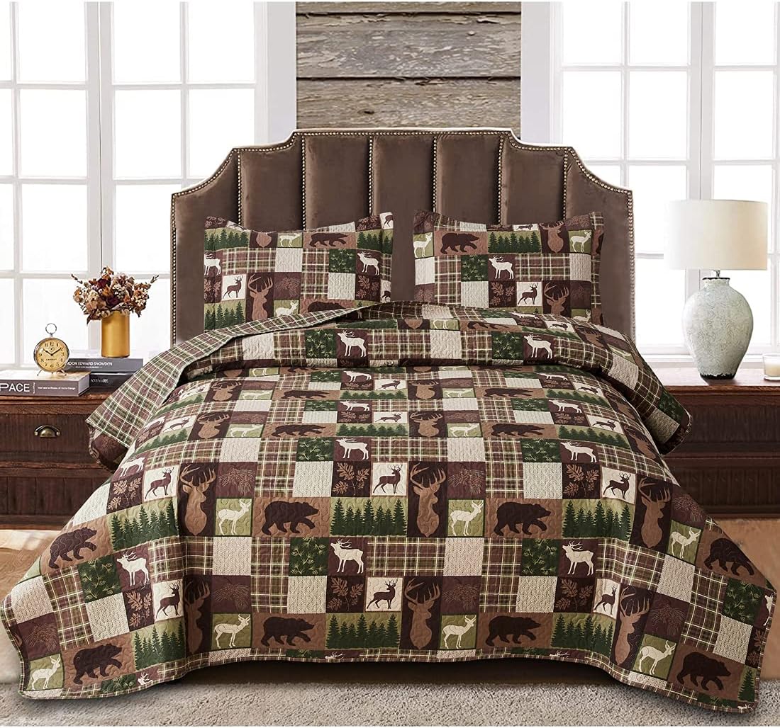 Oliven Reversible Lodge Plaid Bedding Moose Bear Quilt Full/Queen Size Rustic Bedspread Cabin Coverlet Wildlife Forest Daybed Cover Summer Lightweight Bed Cover Pillow Shams