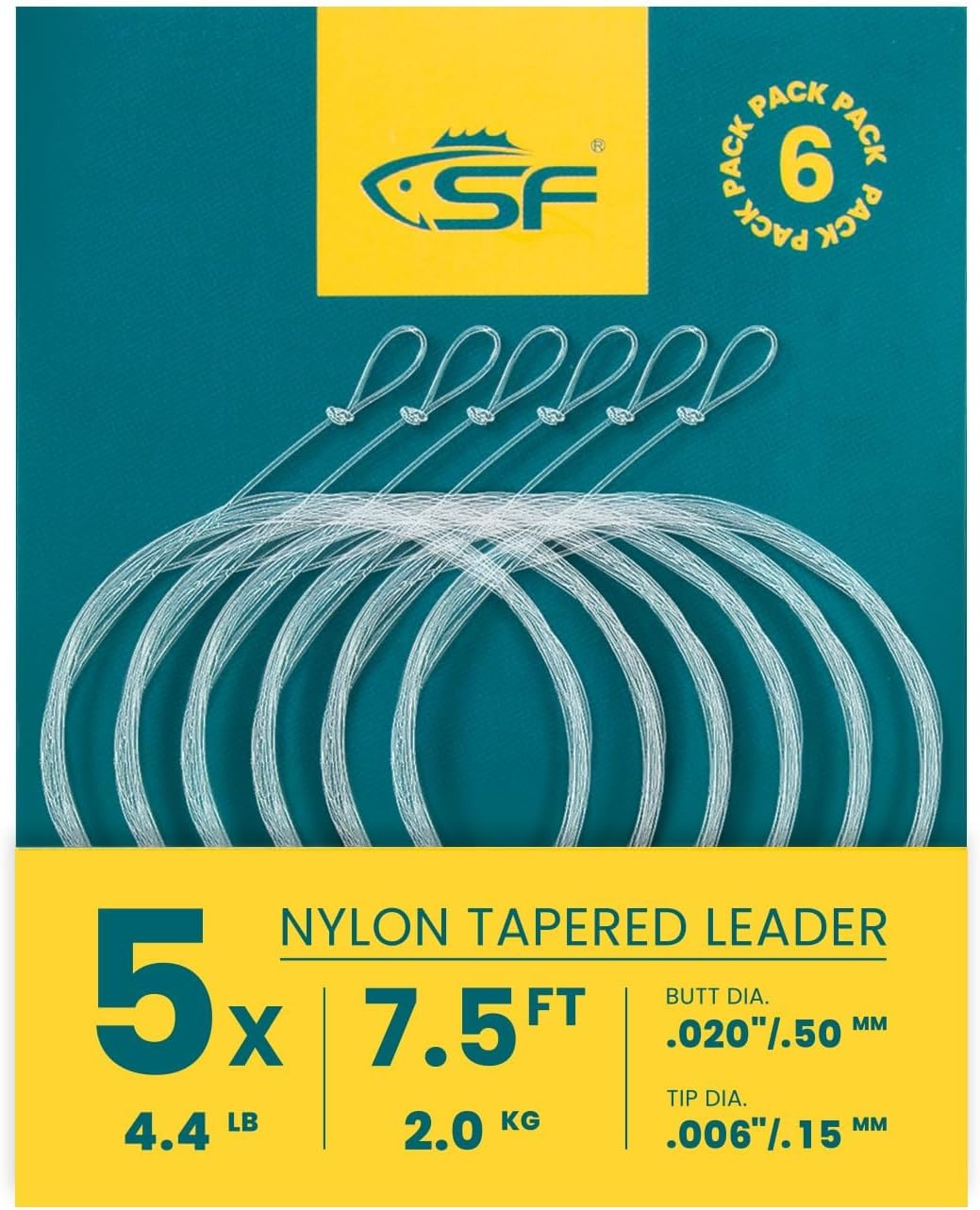 SF 6 Pack Pre Knotted Nylon Fly Fishing Lines 7.5ft 9ft 12ft 0x1x2x3x4x5x6x7x