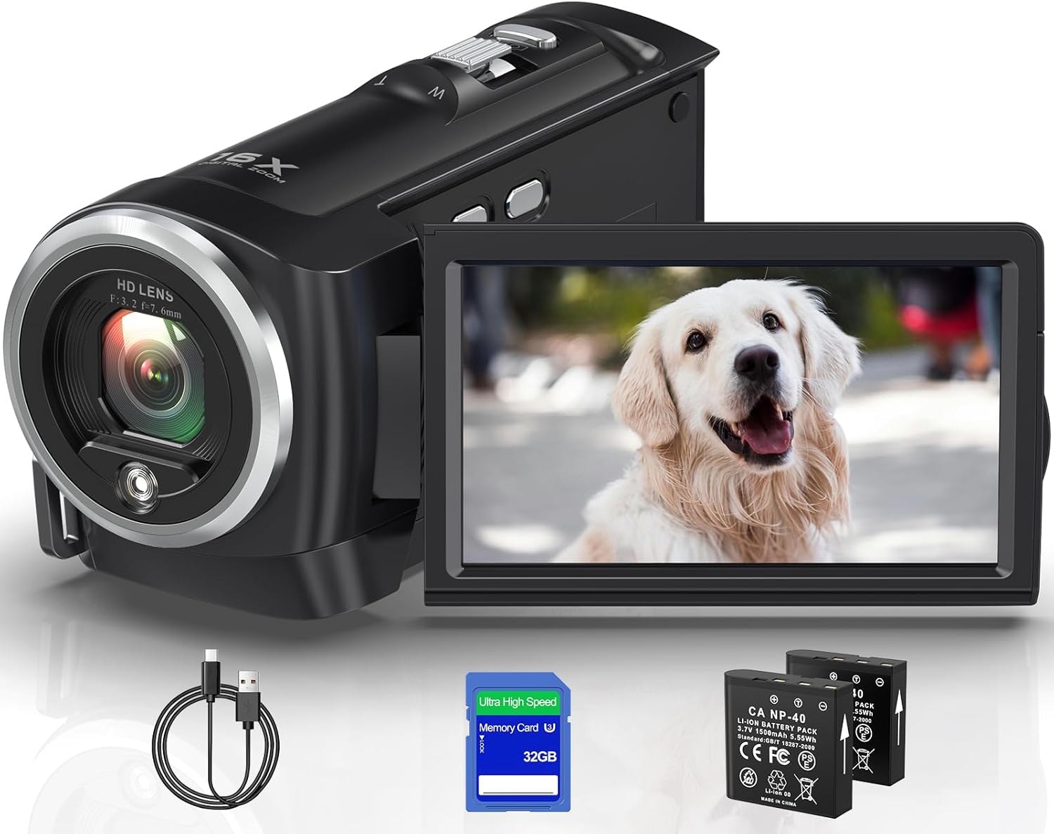2.7K Video Camera Camcorder QHD 50MP YouTube Vlogging Camera 16X Digital Zoom Webcam 270 Degree Rotation Screen Camcorders with 32G SD Card and 2 Batteries Recording While Charging