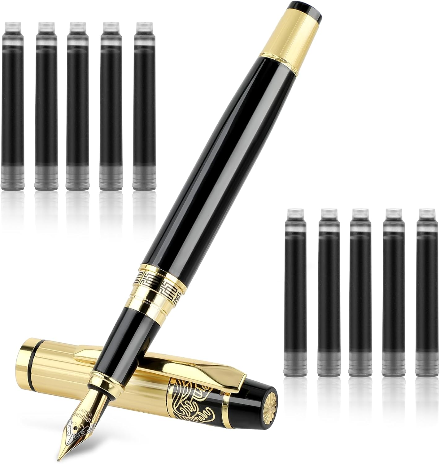 Andibro Metal Fountain Pens - 10 Black Ink Cartridges, 0.5mm Fine Point Luxury Stainless Steel Calligraphy Pens for Office & School (Black)
