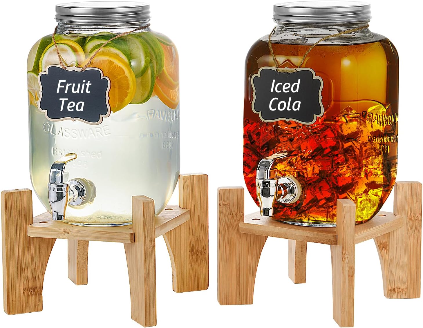 Hisredsun 2 x 4L Glass Drink Dispenser with Stand,Beverage Dispenser, Glass Water Juice Dispensers with Tap, Water jug with tap Perfect for Parties/Weddings/Birthdays