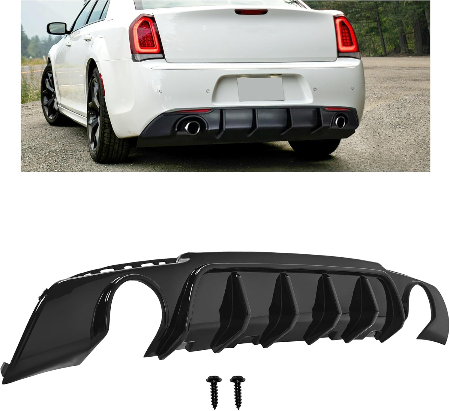 KUAFU Rear Bumper Diffuser Compatible with 2015-2023 Chrysler 300 Models Dual Round Exhaust Shark Fin Rear Bumper Lower Valance Diffuser Lip Splitter (Gloss Black)