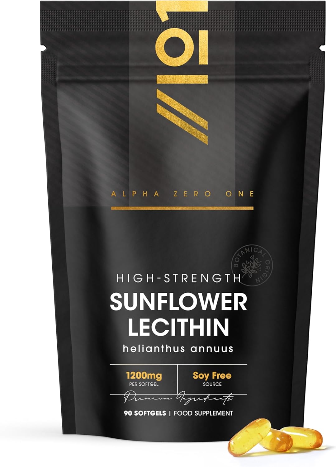 Sunflower Lecithin 1200mg – Produced from Naturally Sourced Soy Free Sunflower Oil – 90 Softgels (3 Months Supply) – Pure & Potent Helianthus Annuus - Resealable and Recyclable Pouch by Alpha01
